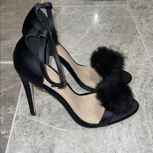 Ankle Strap Satin Fur Heels